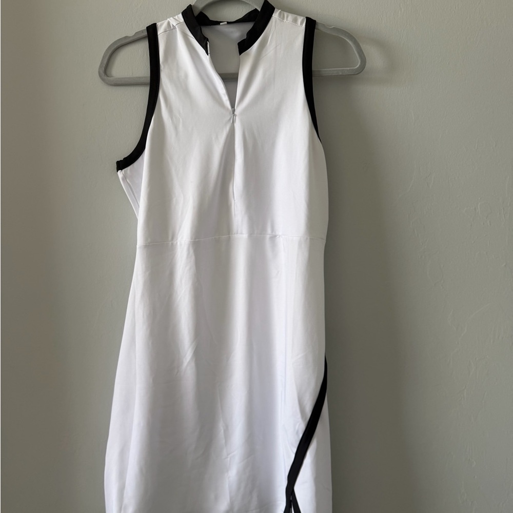 Sleeveless White Dress with Black Trim - golf dress